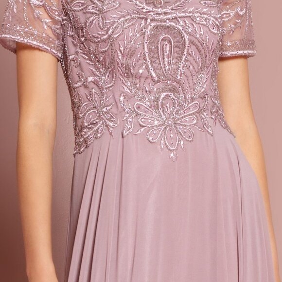 NEW LONG CHIFFON A-LINE DRESS WITH CAP SLEEVES EMBROIDERED WITH LACE GL2683 - Picture 6 of 13